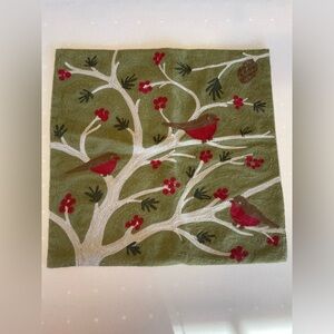 Pottery Barn Bird Branch Hooked Pillow Cover Green Red Fair Condition